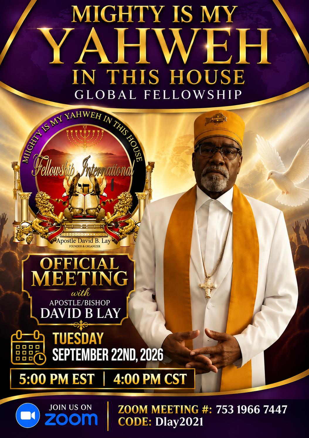 Official Meeting flyer with Apostle/Bishop David B. Lay, September 22, 2026